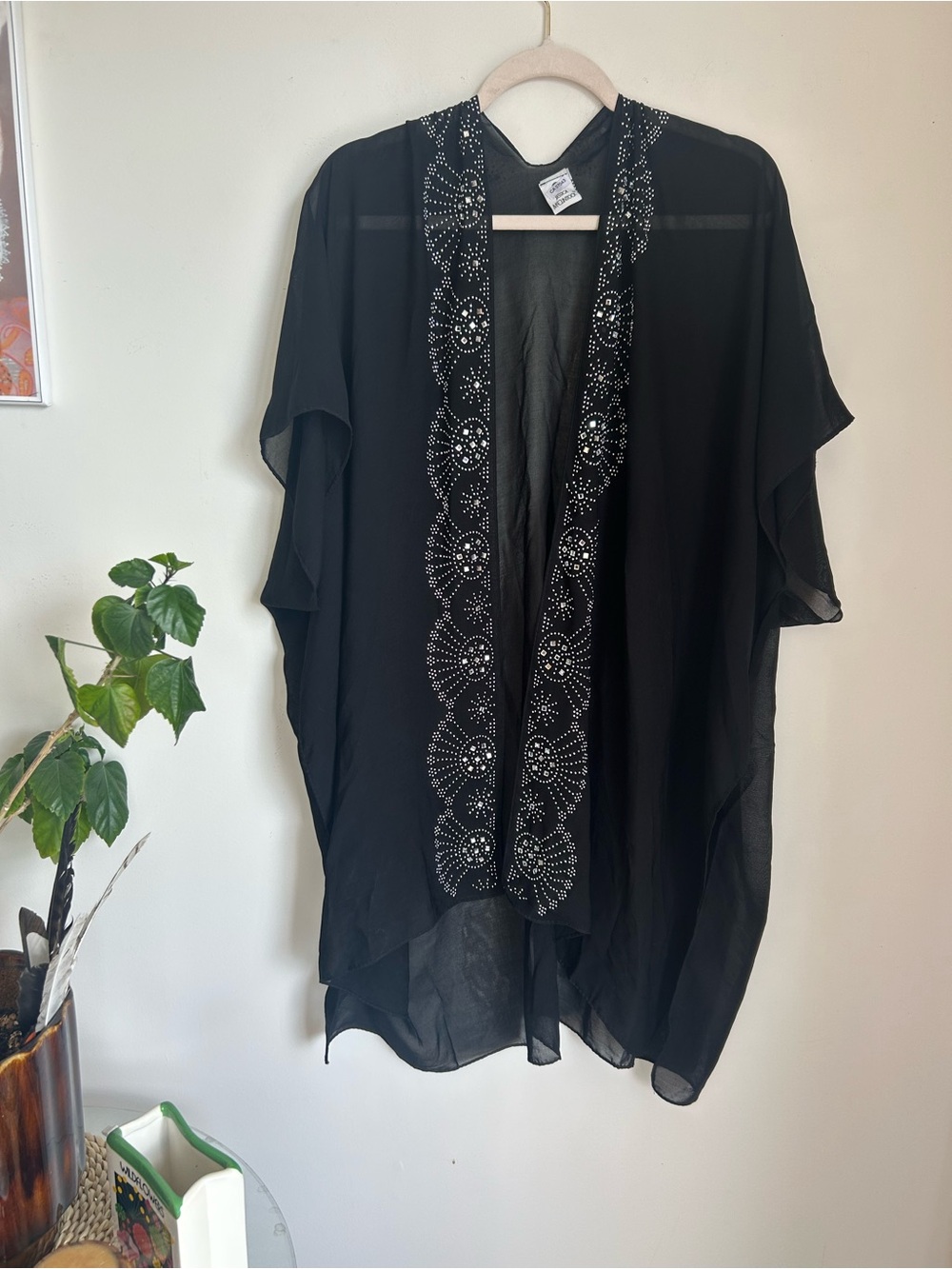 Jessica McClintock Black Beaded Sheer Kimono Cover-Up